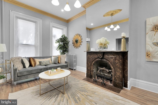 living room featuring baseboards, a fireplace with flush hearth, radiator heating unit, ornamental molding, and wood finished floors