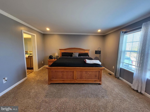 bedroom featuring recessed lighting, light colored carpet, crown molding, and baseboards