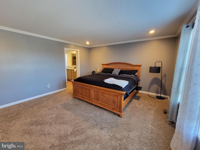 bedroom with ornamental molding, recessed lighting, baseboards, and light carpet