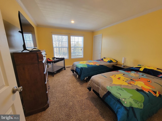 carpeted bedroom with ornamental molding