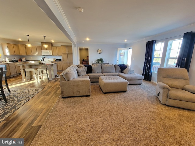 living area featuring crown molding, recessed lighting, and wood finished floors