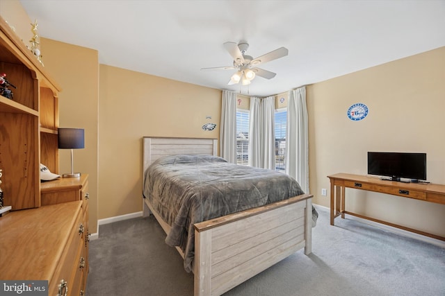 bedroom featuring carpet flooring, a ceiling fan, and baseboards