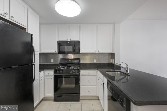 kitchen with black appliances, a sink, a peninsula, white cabinets, and decorative backsplash