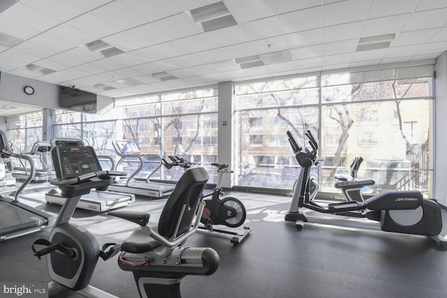 workout area with floor to ceiling windows and a paneled ceiling