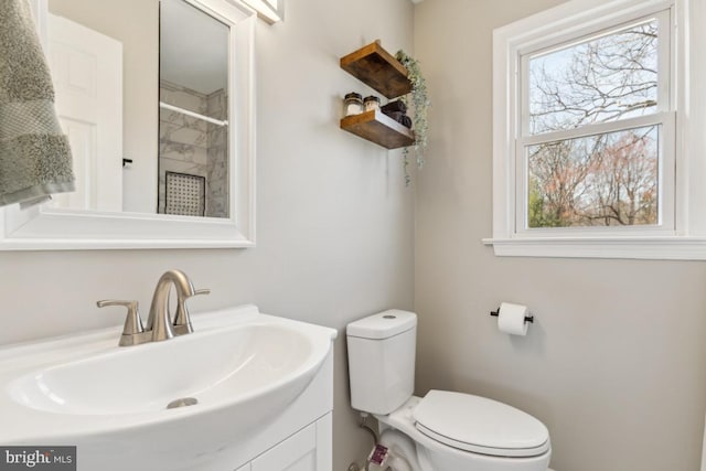 bathroom featuring toilet, vanity, and walk in shower