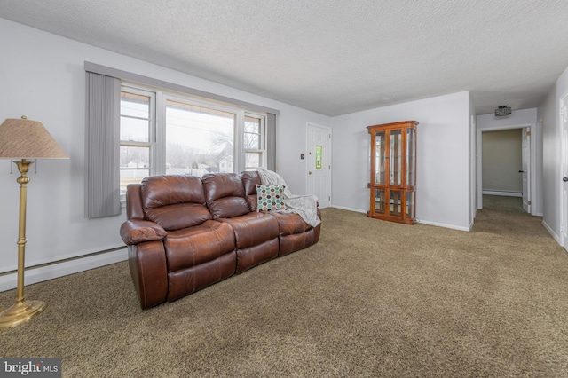 carpeted living room featuring a baseboard radiator, baseboards, and a textured ceiling