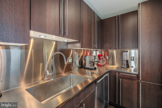 kitchen featuring dark brown cabinetry, a sink, and stainless steel counters