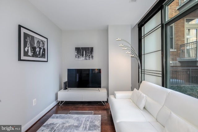 living room with baseboards and wood finished floors