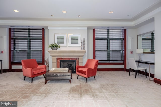interior space with recessed lighting, baseboards, and a premium fireplace