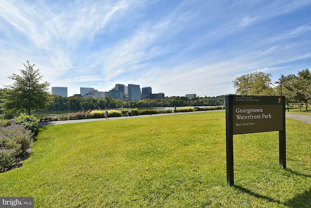 view of property's community featuring a yard, a water view, and a city view