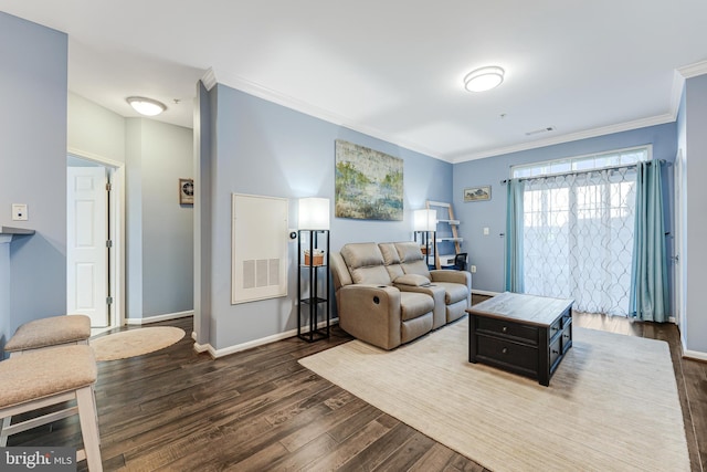 living room with crown molding, baseboards, and dark wood-style flooring