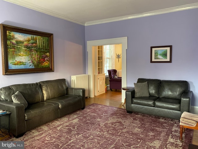 living area featuring wood finished floors, radiator heating unit, and ornamental molding