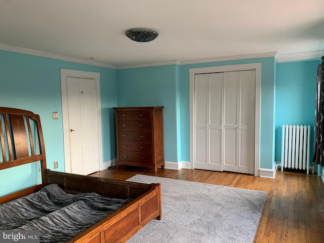 bedroom with a closet, radiator, crown molding, and wood finished floors