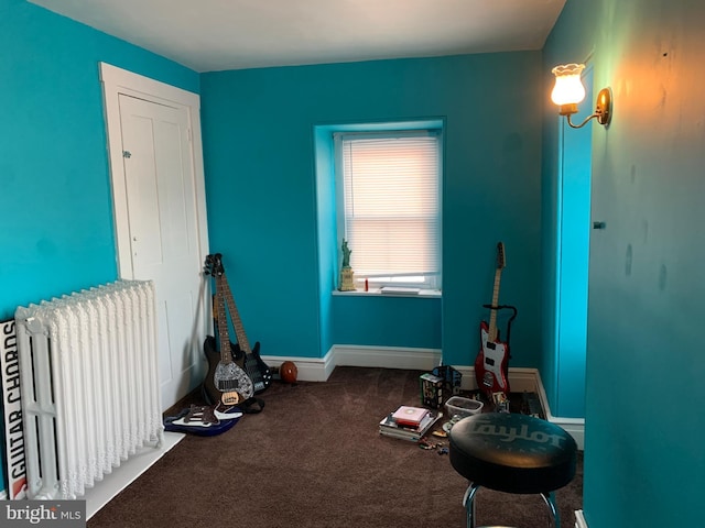 interior space featuring baseboards, carpet floors, and radiator heating unit