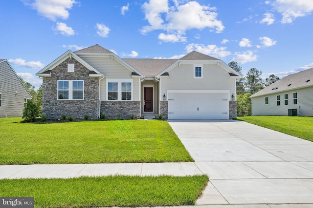 craftsman inspired home featuring driveway, stone siding, cooling unit, a front yard, and a garage