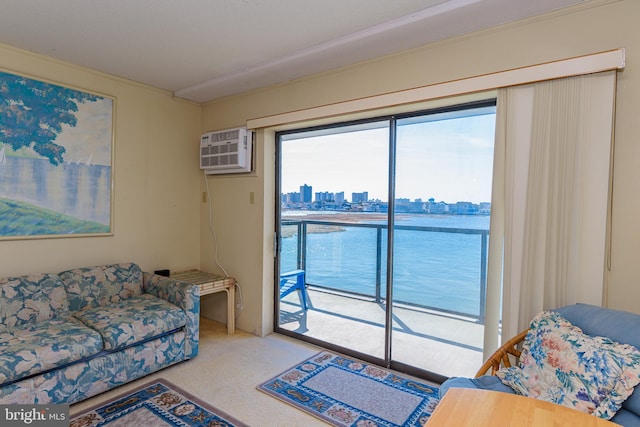 living room with a wall mounted air conditioner, carpet floors, and a city view