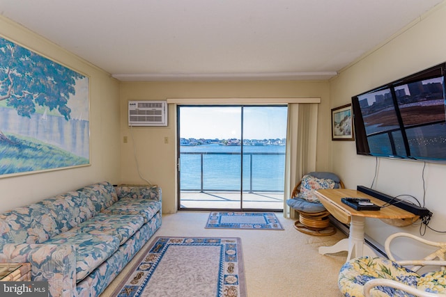 carpeted living area featuring a wall mounted AC