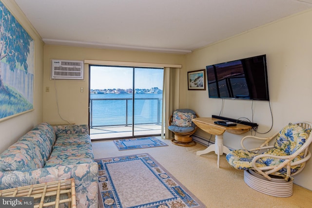 carpeted living area featuring an AC wall unit