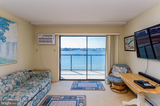 carpeted living area with a wall unit AC