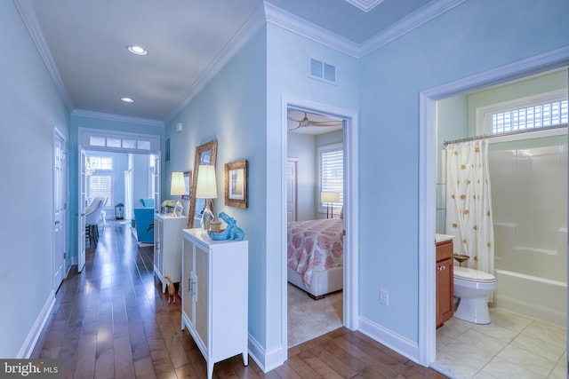 corridor with a wealth of natural light and ornamental molding