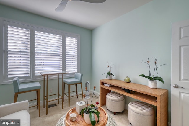 office featuring carpet flooring, baseboards, and ceiling fan