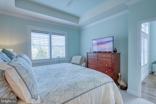 bedroom featuring a raised ceiling, crown molding, and baseboards