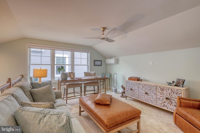 living area featuring a wall unit AC, light colored carpet, lofted ceiling, and ceiling fan