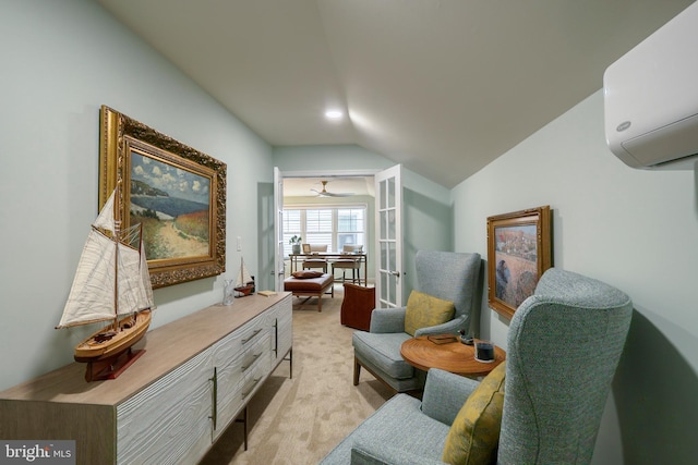 living area featuring lofted ceiling, french doors, light colored carpet, and a wall mounted air conditioner