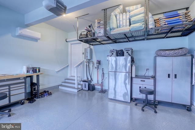 garage featuring a wall mounted air conditioner, baseboards, a garage door opener, and freestanding refrigerator