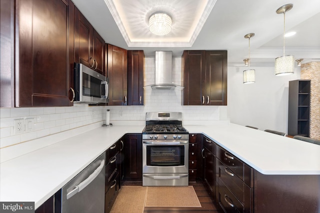 kitchen featuring a tray ceiling, decorative backsplash, light countertops, appliances with stainless steel finishes, and wall chimney exhaust hood