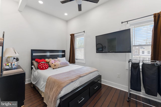 bedroom featuring recessed lighting, baseboards, dark wood-style floors, and ceiling fan