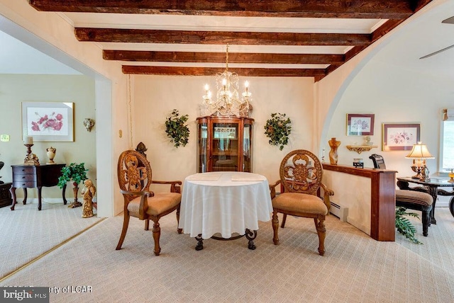 dining area with light carpet, baseboard heating, beamed ceiling, and an inviting chandelier