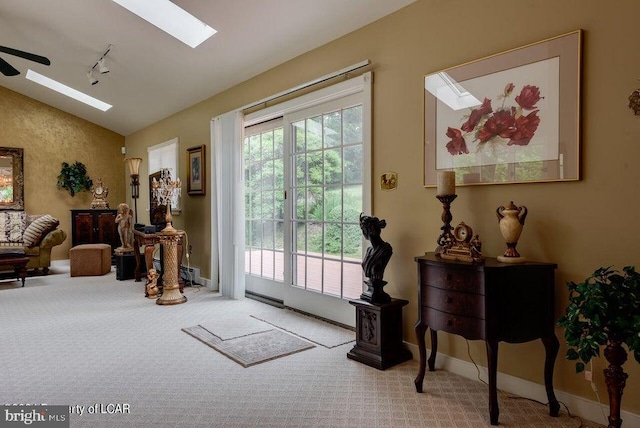 interior space featuring baseboards, vaulted ceiling with skylight, carpet, and track lighting