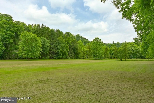 view of home's community with a lawn and a wooded view