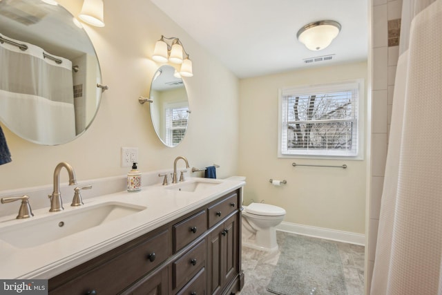 full bathroom with a sink, visible vents, baseboards, and toilet