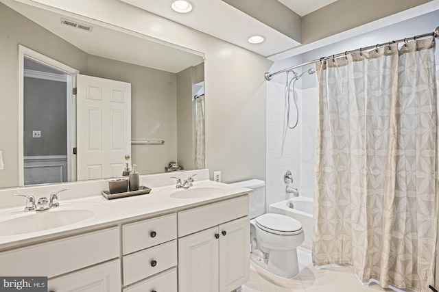 full bath with double vanity, visible vents, shower / bathtub combination with curtain, and a sink