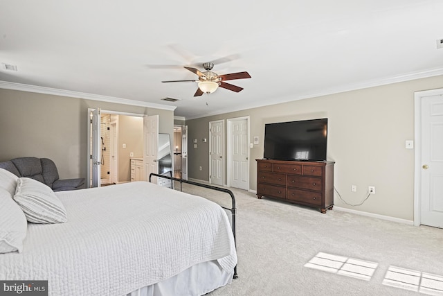 bedroom featuring visible vents, baseboards, ceiling fan, crown molding, and light colored carpet