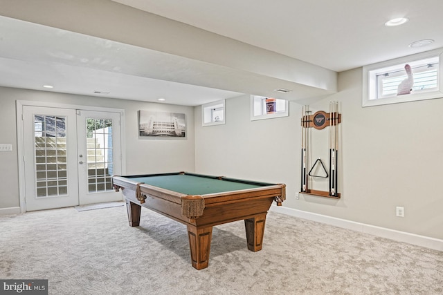 playroom with recessed lighting, carpet, baseboards, and french doors