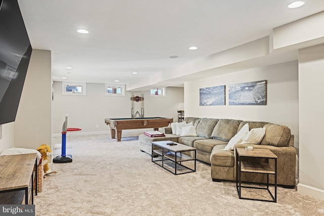 carpeted living room with recessed lighting, baseboards, and pool table