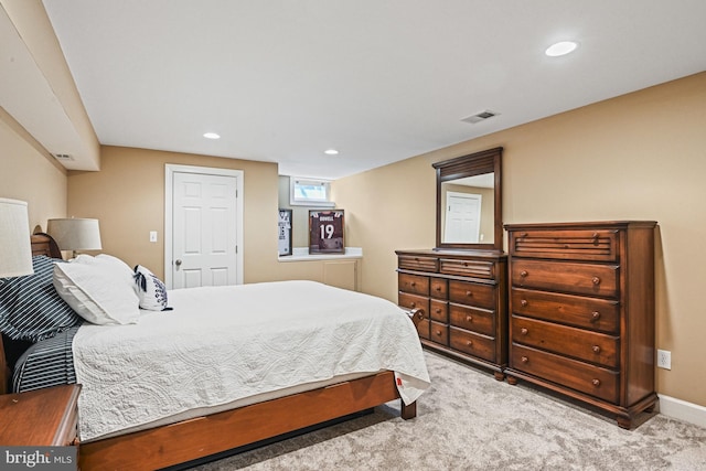 bedroom with recessed lighting, visible vents, carpet floors, and baseboards