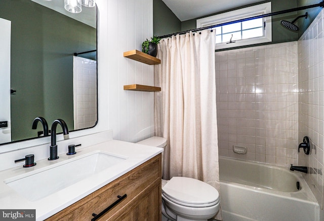 bathroom with vanity, toilet, and shower / bathtub combination with curtain