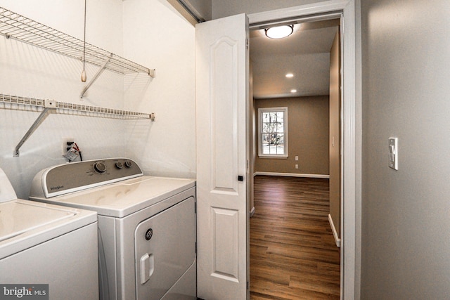 laundry room with wood finished floors, baseboards, laundry area, recessed lighting, and washer and dryer