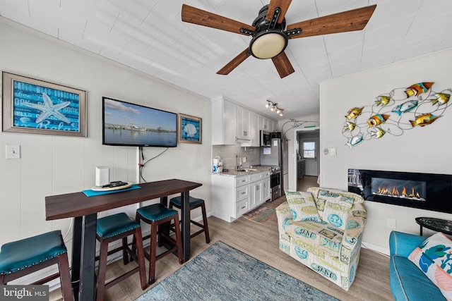 living area with a glass covered fireplace, wood finished floors, and a ceiling fan