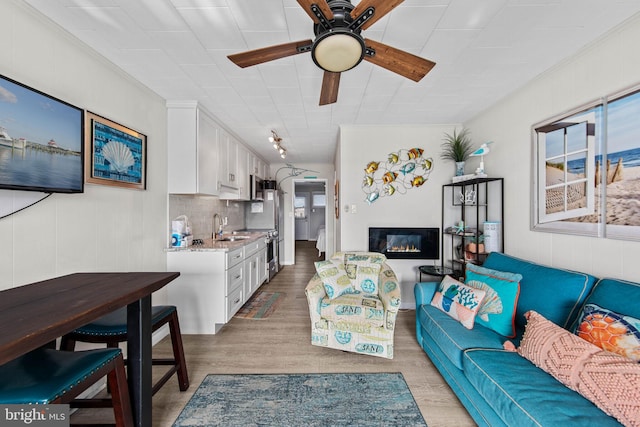 living room featuring ceiling fan, wood finished floors, and a glass covered fireplace