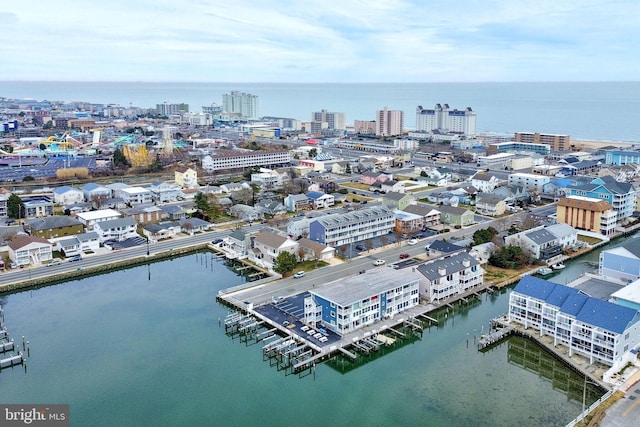 drone / aerial view featuring a water view