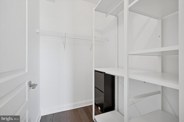 spacious closet with dark wood-style flooring