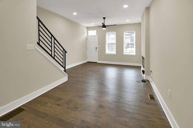 entrance foyer featuring recessed lighting, visible vents, baseboards, and dark wood-type flooring