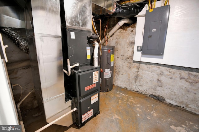 utility room featuring heating unit, electric panel, and electric water heater