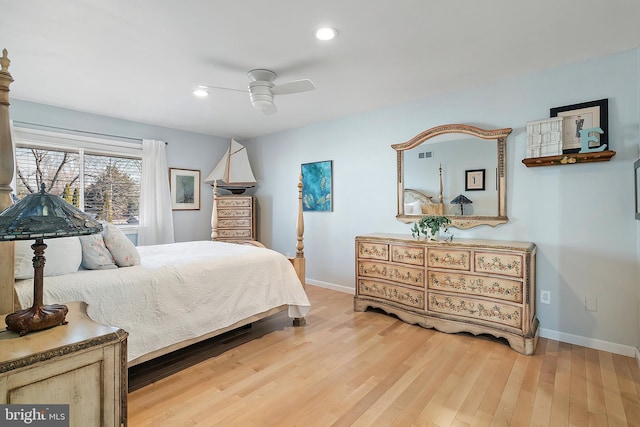 bedroom featuring visible vents, baseboards, light wood-type flooring, recessed lighting, and a ceiling fan