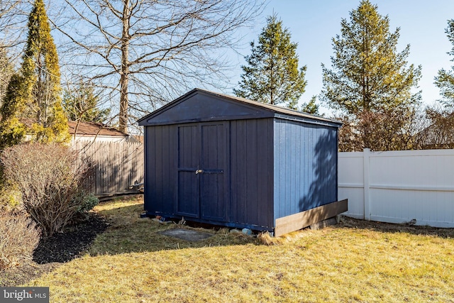 view of shed featuring a fenced backyard